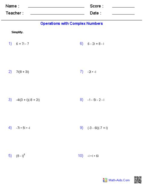 operations with complex numbers worksheet algebra 2